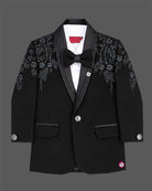 Boys black embroidered formal tuxedo suit set with blazer coat white shirt bow tie and pant for wedding party