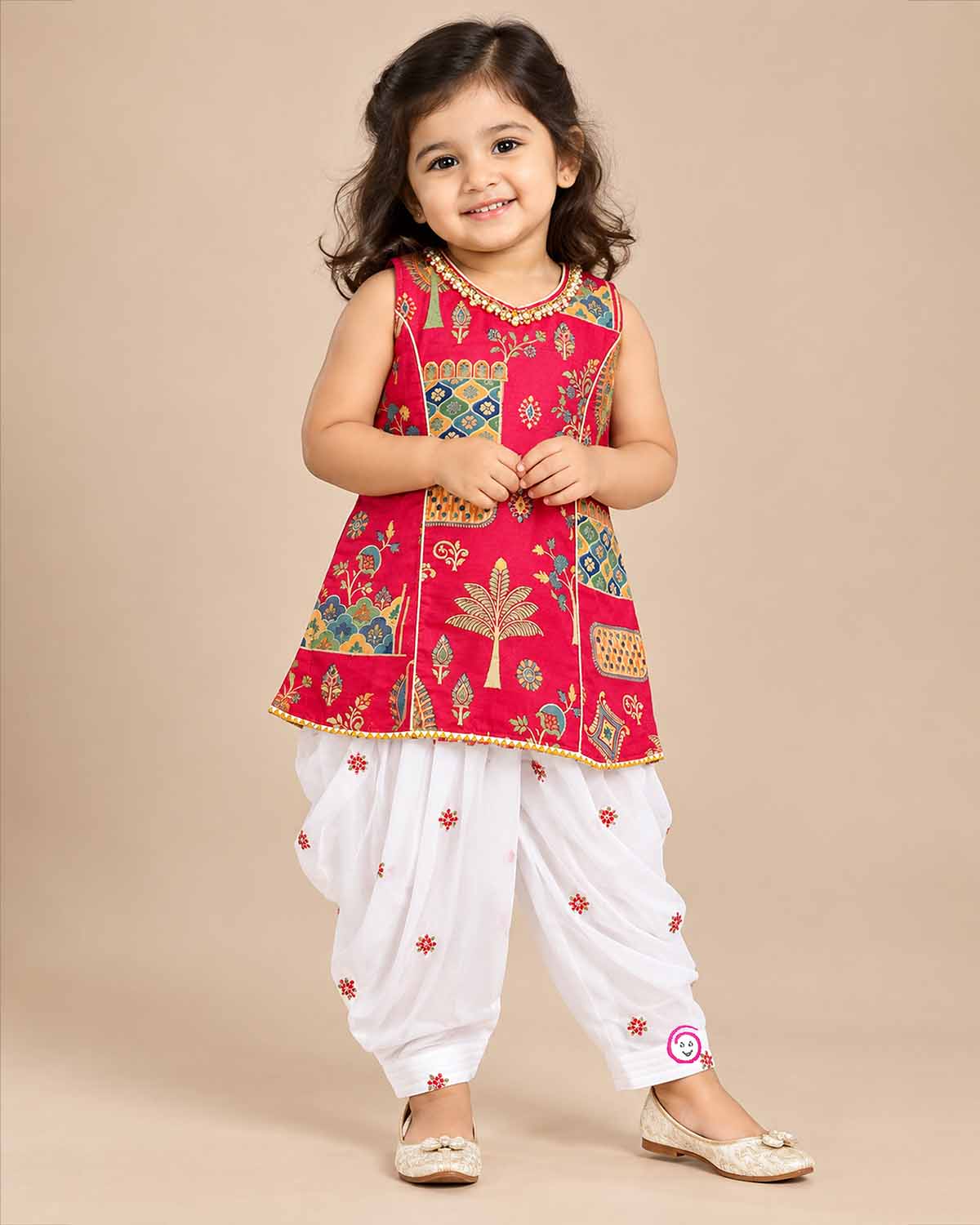 Embellished neck sleeveless and pleated patiyala salwar set in kurti for kids collection.