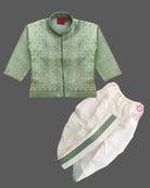 Boys sage green silk ethnic full sleeve kurta with sequins embroidery and mandarin collar paired with off-white elastic waist dhoti pant