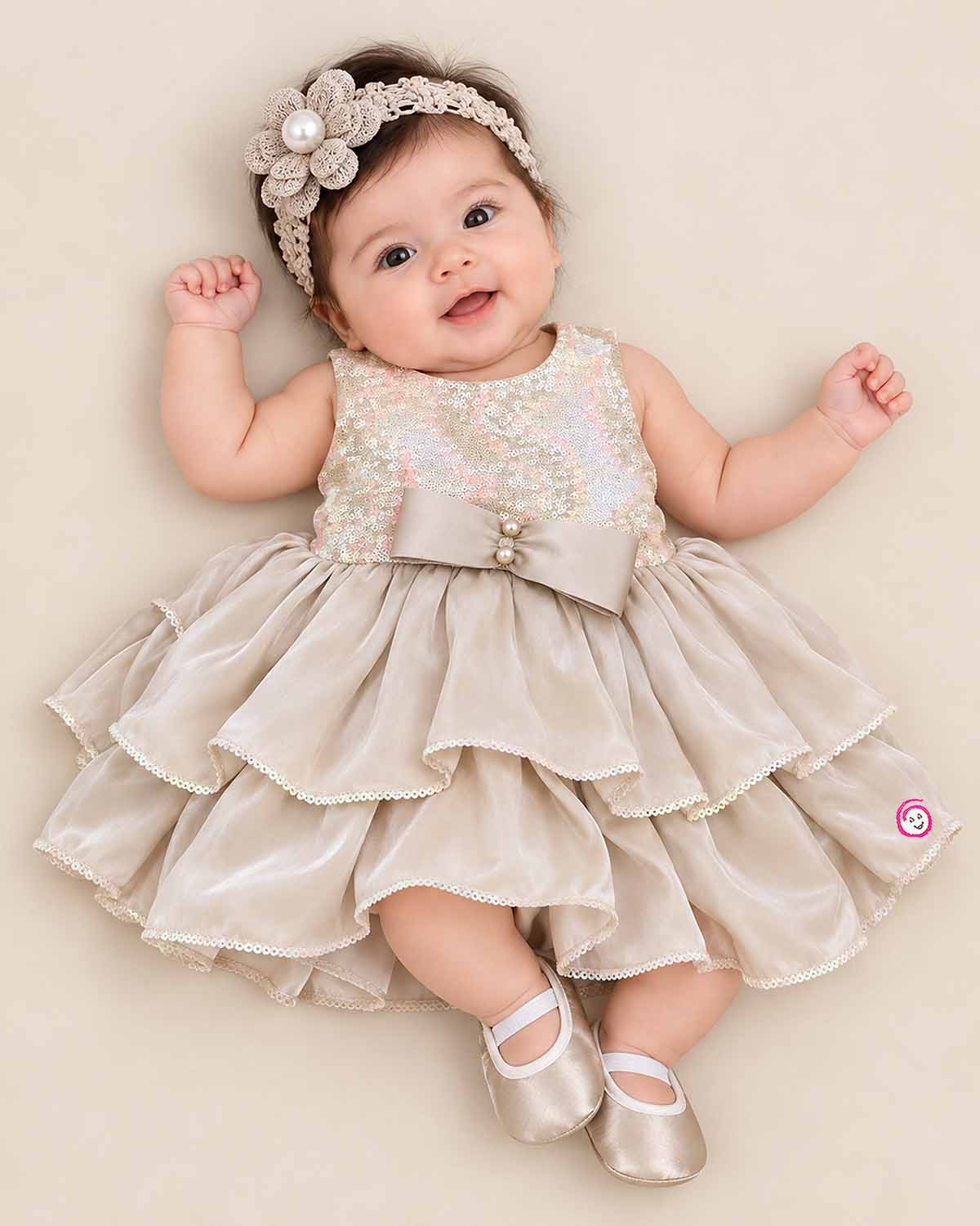 Beige gold sequined satin frock for baby girls with bow accent for birthday party