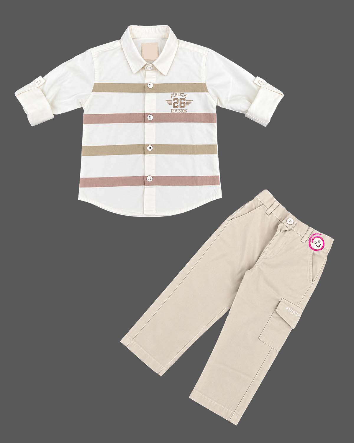 Shirt and pant set featuring a button-down collar and horizontal stripes for toddlers