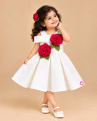 Sleeveless pleated party dress featuring large 3D fabric rose appliques and structured flared skirt