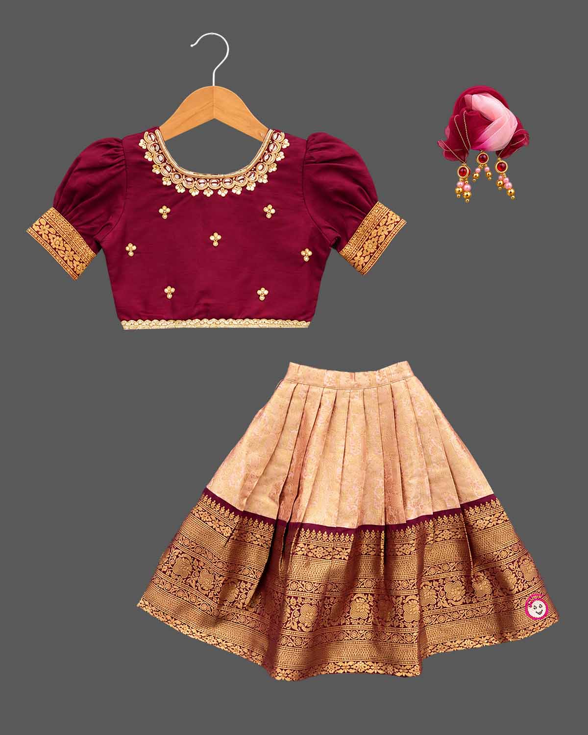 Pattu langa for kids with puff sleeve kundan neck choli, pleated zari border skirt and organza dupatta