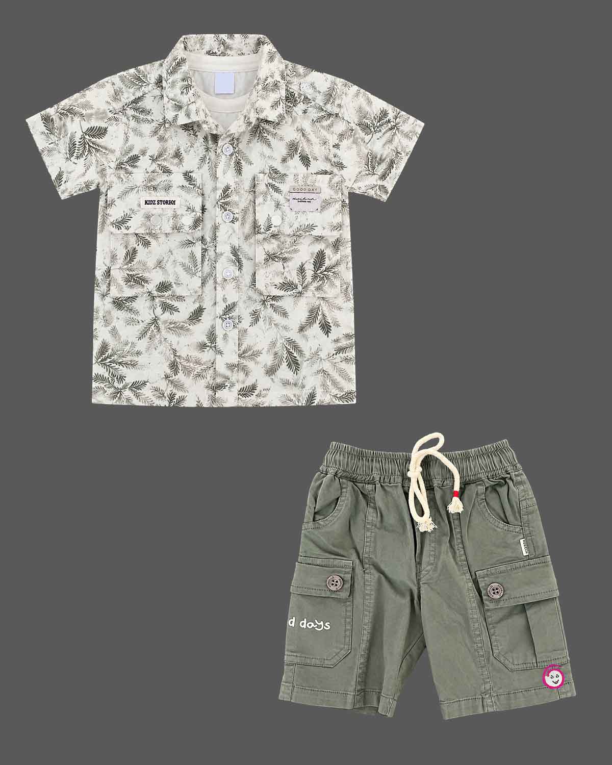 Kids leaf print button-down shirt and cargo shorts forming an indo western dress for boys