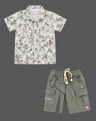 Kids leaf print button-down shirt and cargo shorts forming an indo western dress for boys