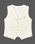 Boys waistcoat suit set with formal lapel vest, roll-up sleeve dress shirt, bow tie, and pant.