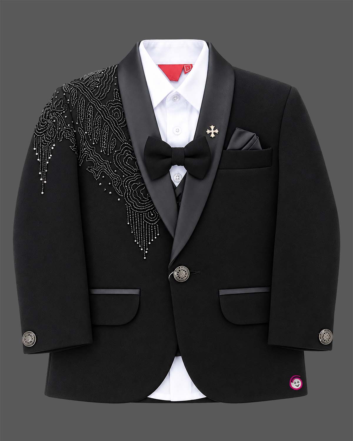 Boys black embellished tuxedo suit set with blazer trousers and bow tie