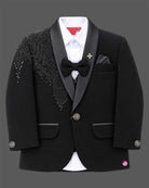 Boys black embellished tuxedo suit set with blazer trousers and bow tie