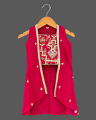 Zari embroidered kids palazzo set featuring a sleeveless long jacket and pleated palazzo pants