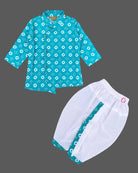 Baby boys bandhani printed angrakha kurta with elasticated dhoti pants and matching velcro booties set.