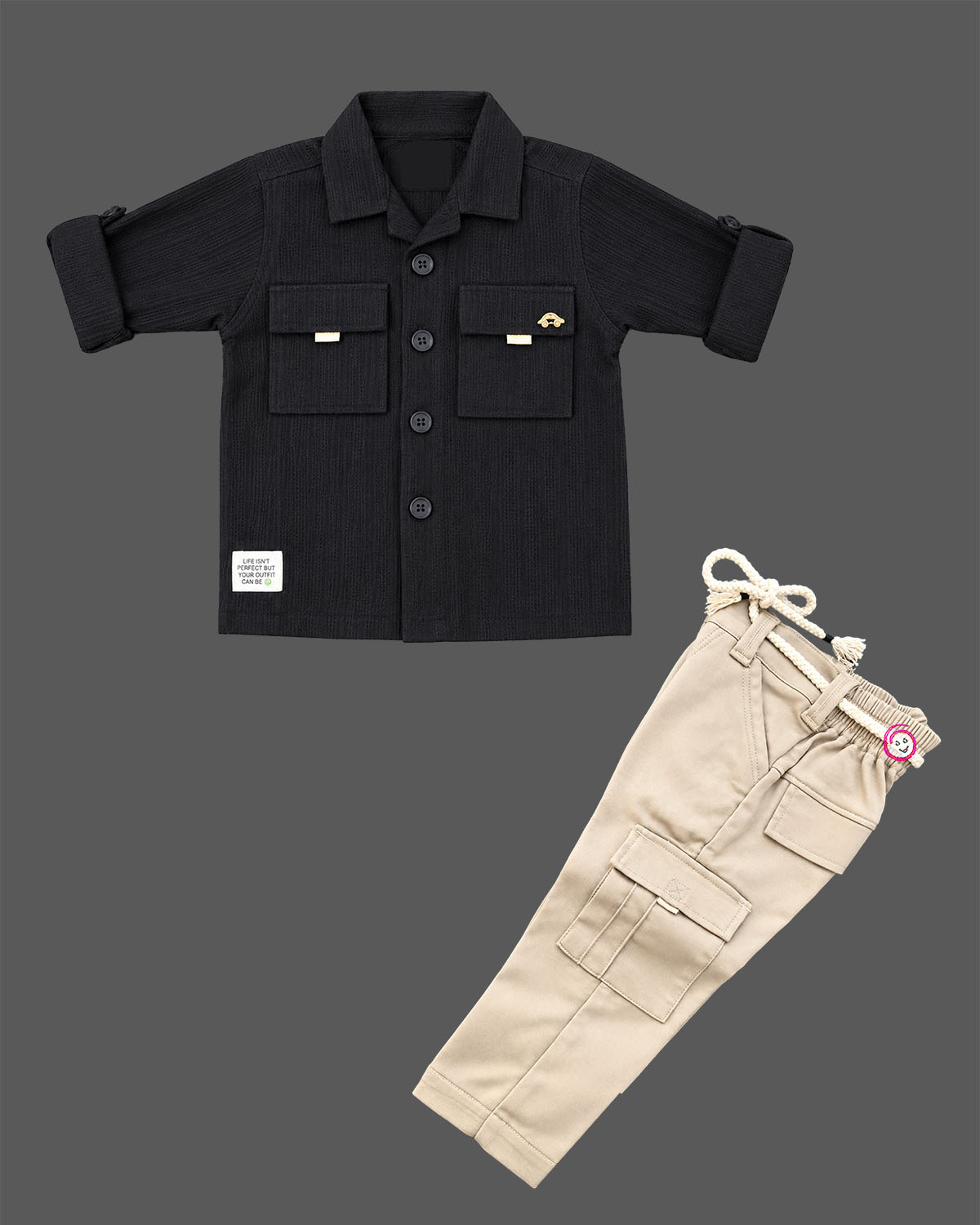 Toddler boy waffle textured shirt and cargo pant set with utility pockets for casual wear