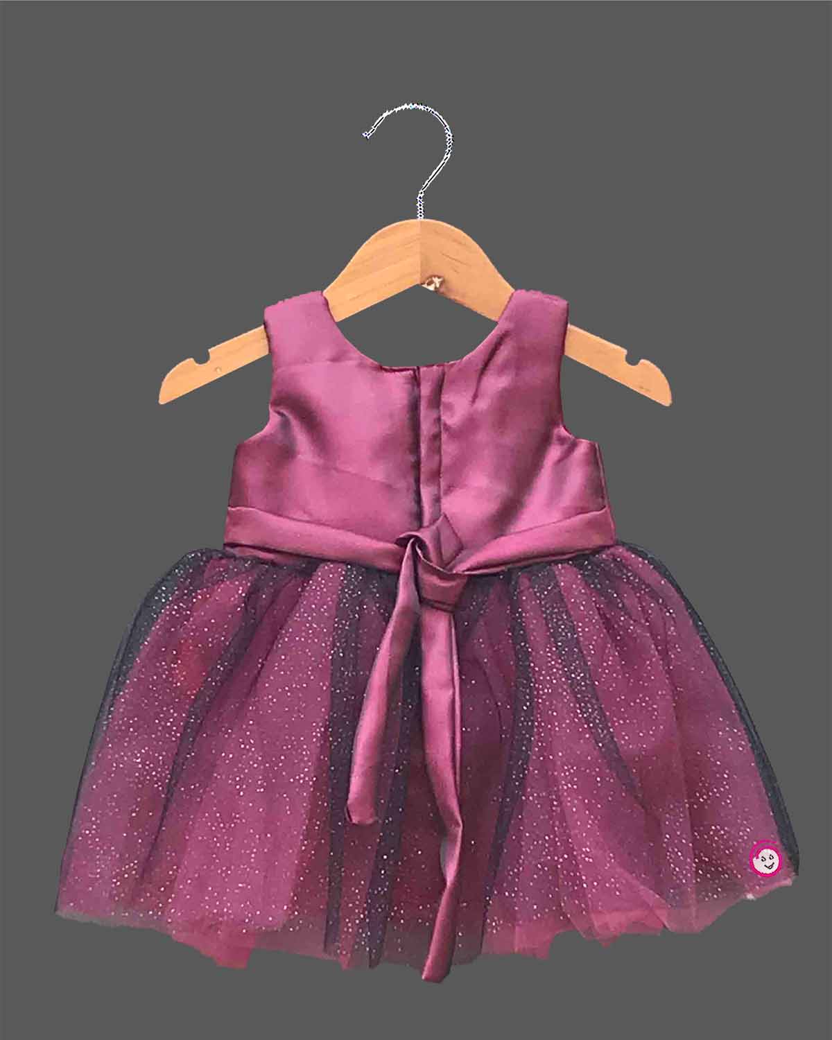 Wine purple and black glitter net frock for girls with waist flower for party wear