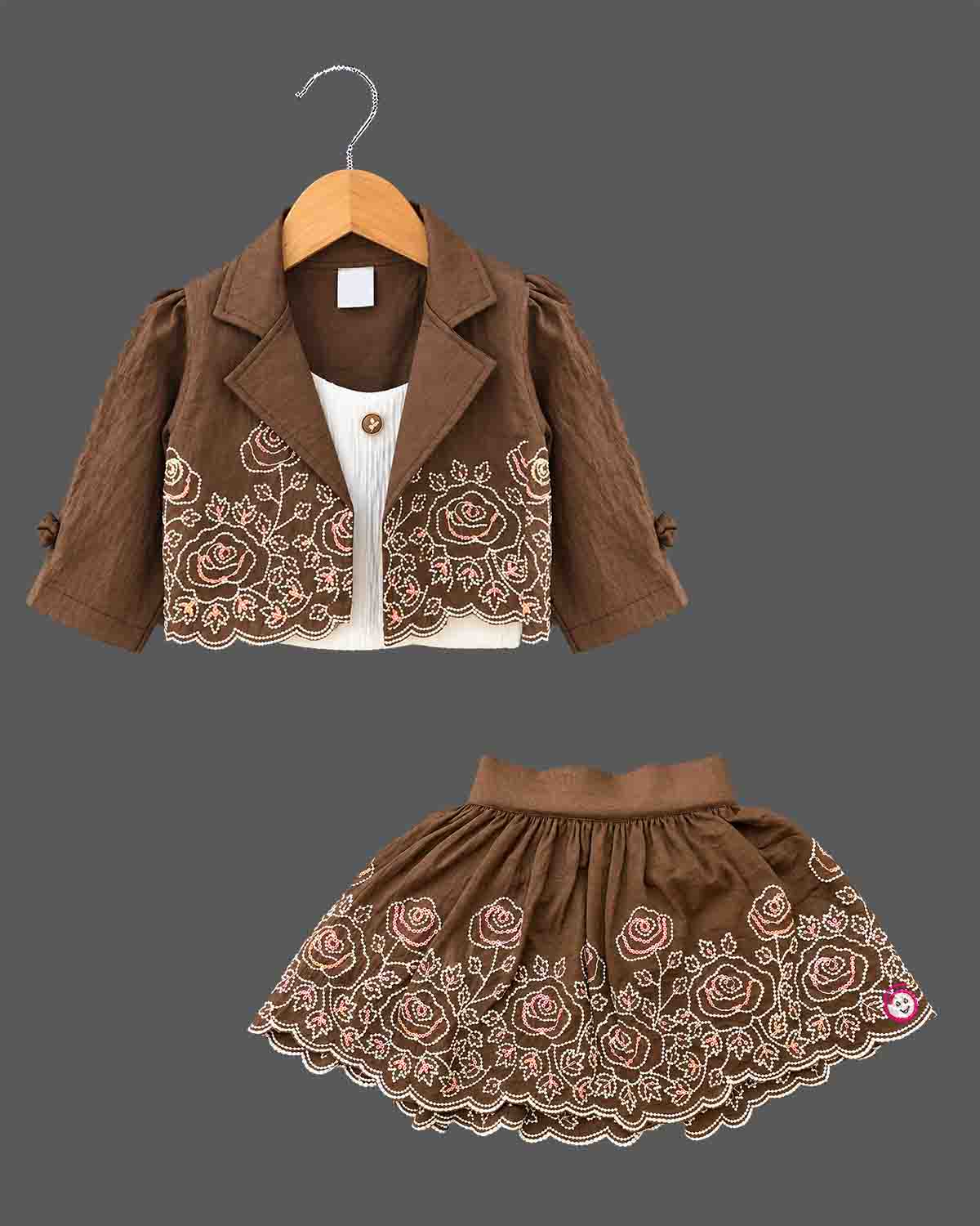 Toddler embroidered jacket and skirt set with floral detailing for party wear