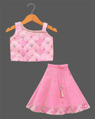 Toddler girls embroidered choli lehenga set with tassel drawstring and flared hem border.