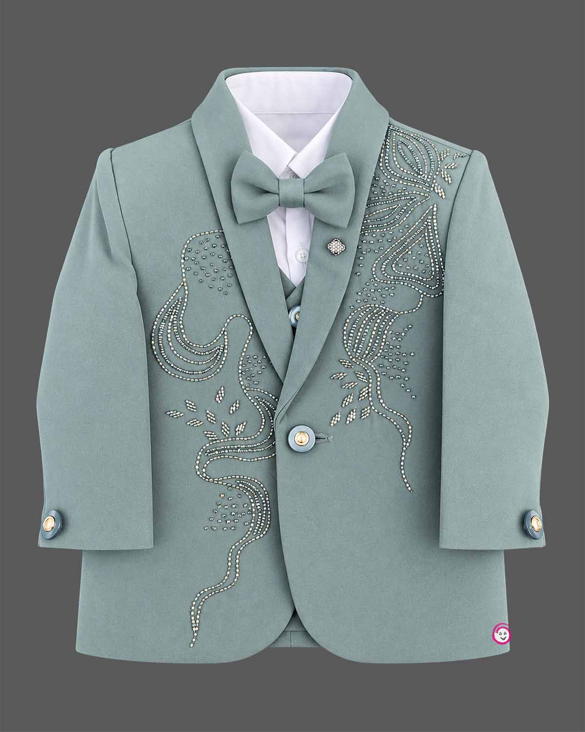 Boys embroidered formal suit set with rhinestone beadwork blazer vest and matching pant.