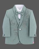 Boys embroidered formal suit set with rhinestone beadwork blazer vest and matching pant.
