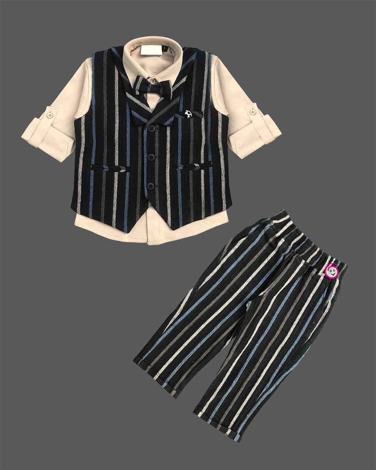 Little gentleman striped waistcoat suit set with shirt Pant and bow tie for boys