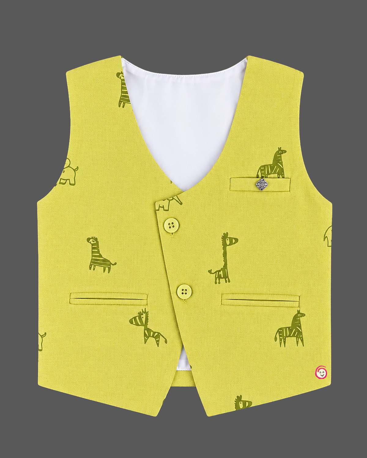 Boys printed waistcoat suit set with shirt, bow tie, and trousers for special occasions.
