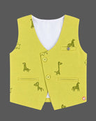 Boys printed waistcoat suit set with shirt, bow tie, and trousers for special occasions.