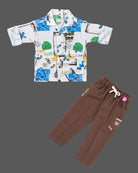 Kids printed shirt and pant featuring utility pockets and button closure designed as kids western wear.