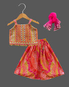 Girls printed with sequin ethnic top & skirt - Pink