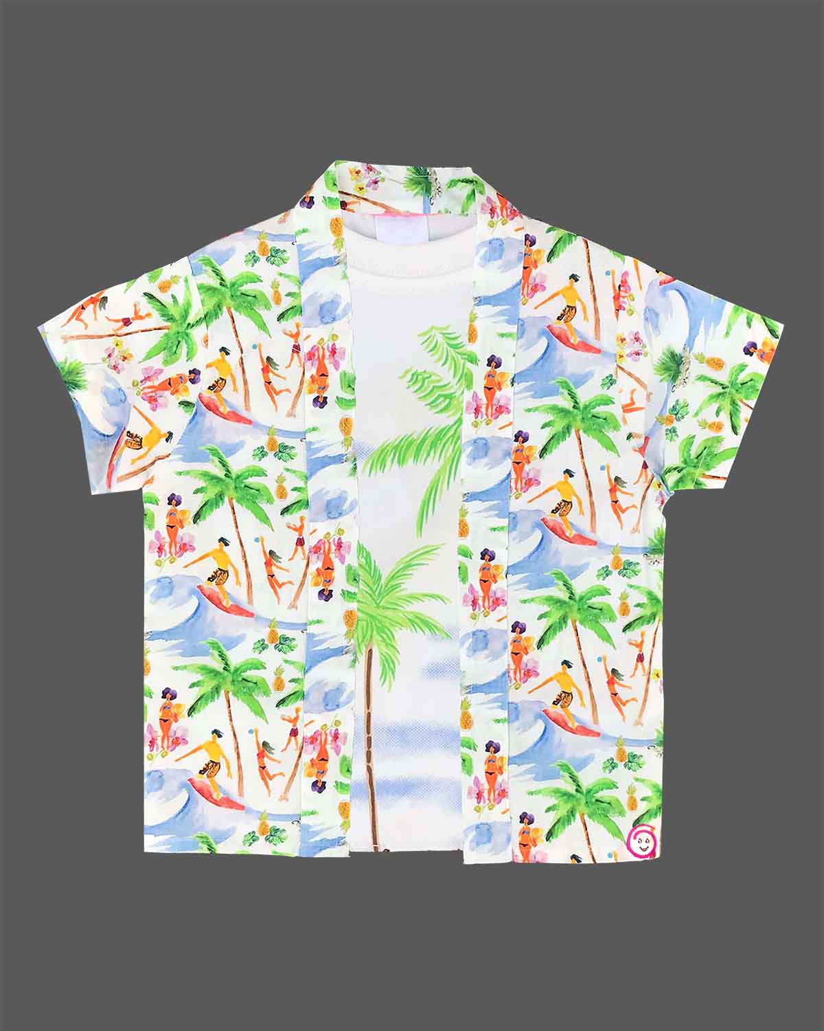 Vibrant tropical beach print muslin open-front shirt and matching shorts set featuring palm trees and surfer motifs for baby boys and toddler summer vacation wear