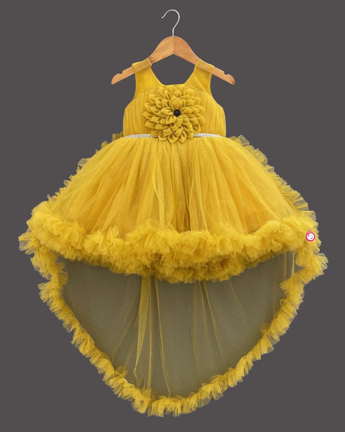 Girls applique ruffled elegant frock - Mustard