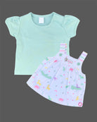 Mint green half sleeve t-shirt and white unicorn printed Candy House girls knitted cotton pinafore frock dress set for weekend and casual wear