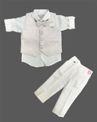 Boys textured linen waistcoat set featuring a collared shirt, matching bowtie, and tailored trousers.