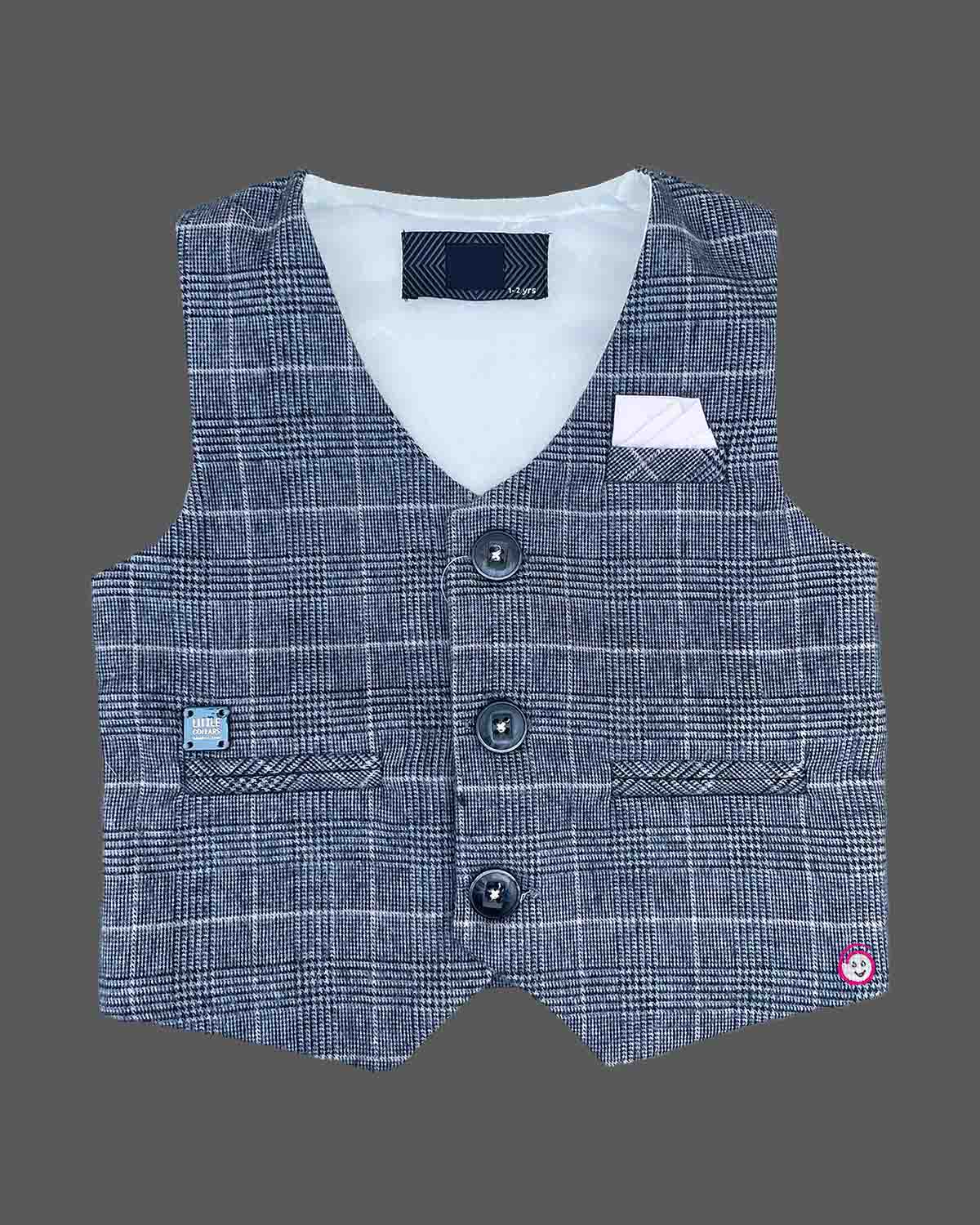 Toddler indo western dress for boys featuring a check waistcoat, crisp shirt, and matching pant