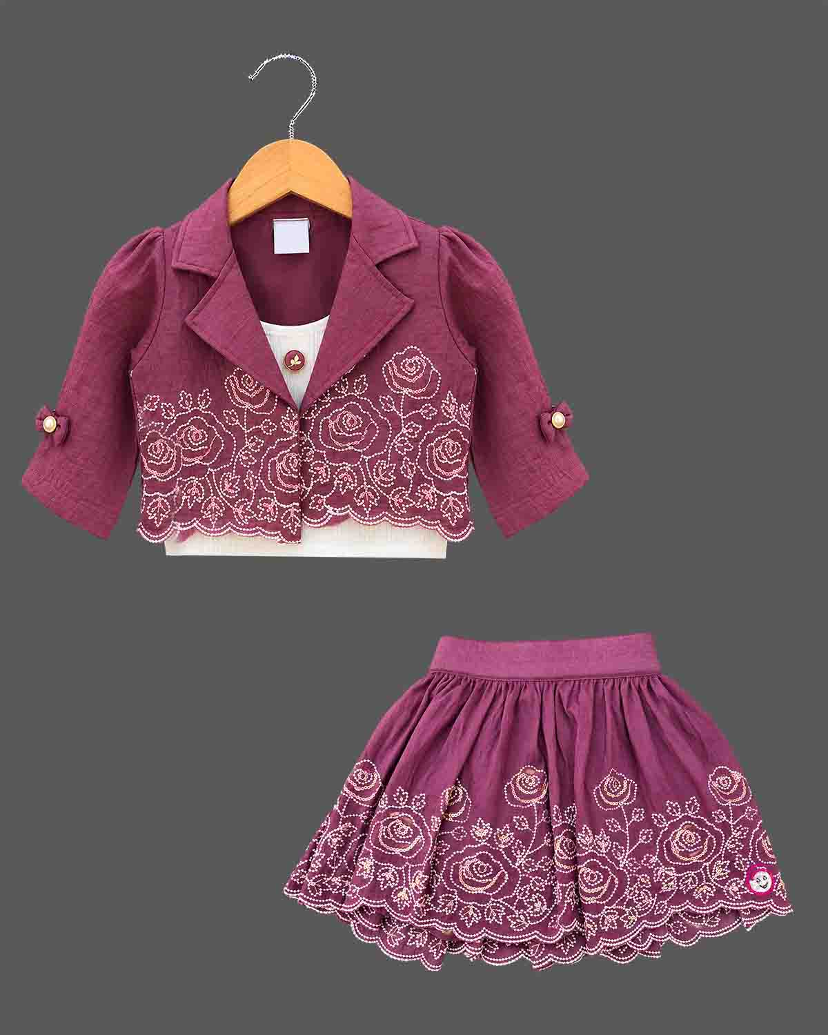 Mauve purple floral embroidered top and skirt set for girls with scalloped hem