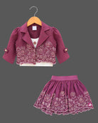 Mauve purple floral embroidered top and skirt set for girls with scalloped hem