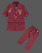 Kids sherwani set featuring embroidered eagle motifs and mandarin collar for boys ethnic wear