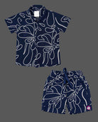 Boys party wear printed short sleeve shirt and elasticated shorts set with line art graphics