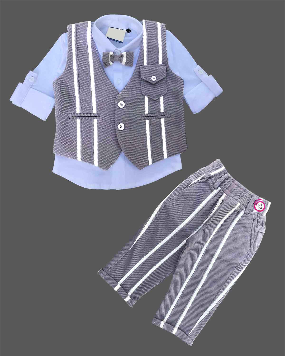 Grey striped waistcoat suit set with light blue shirt and bow tie for boys