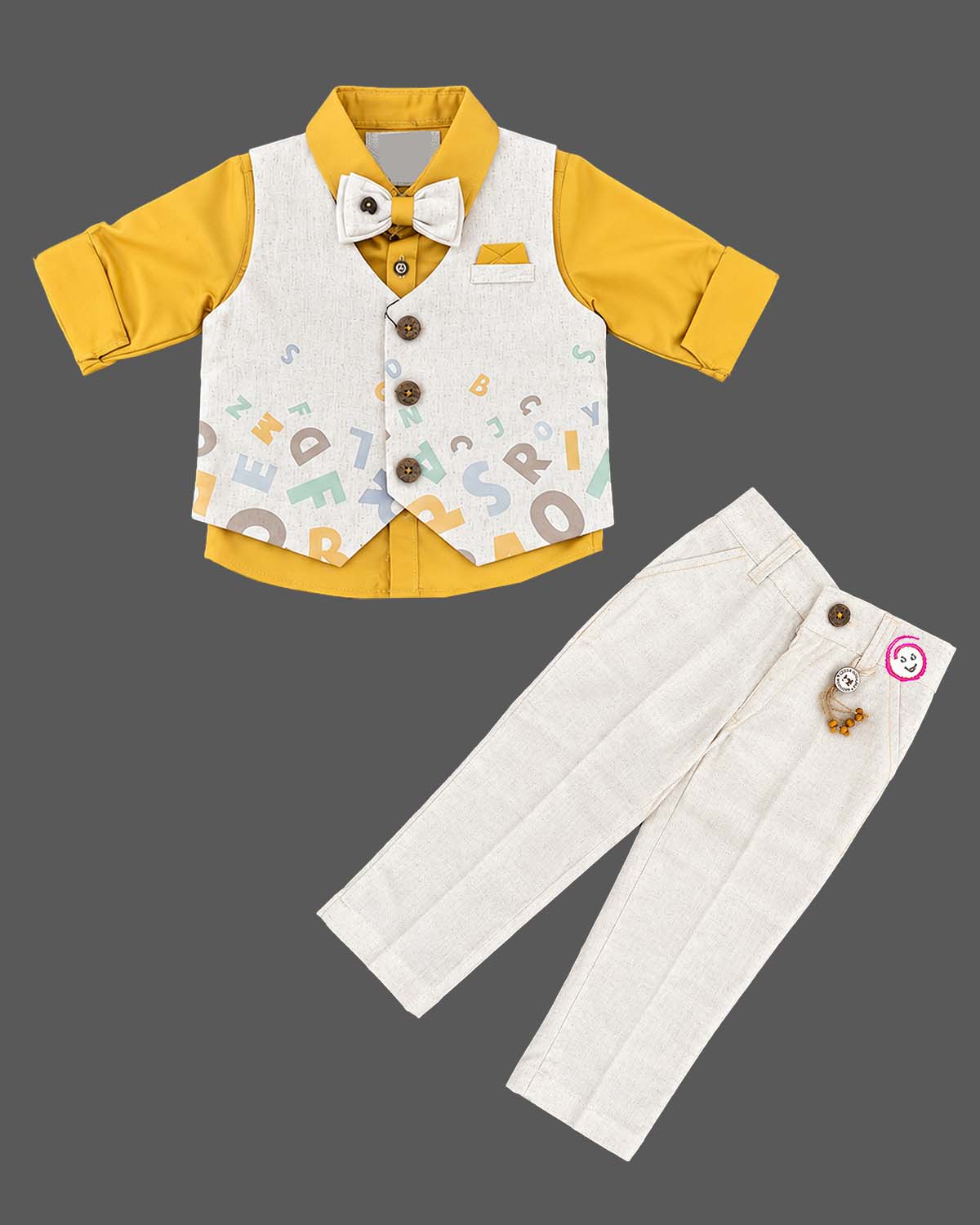 Toddler boy alphabet print vest and shirt set featuring structured layered styling and full sleeves
