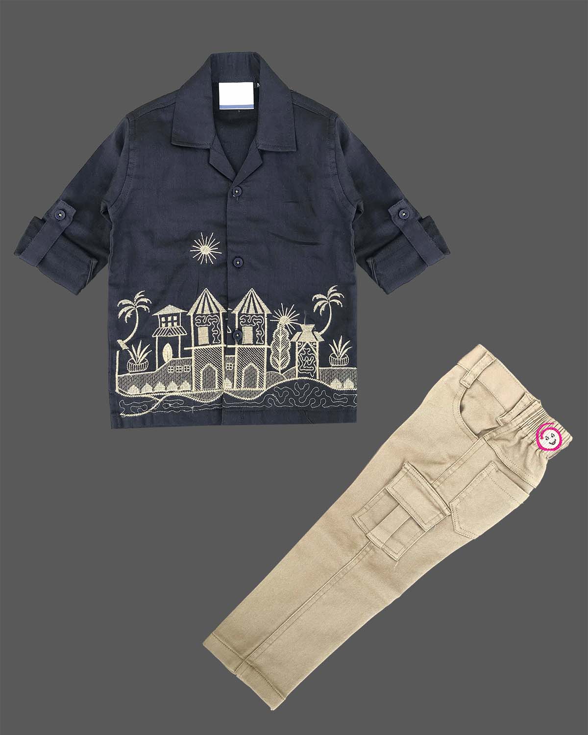 Boys linen shirt and pant set with landscape embroidery and cargo pockets