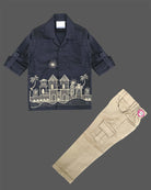 Boys linen shirt and pant set with landscape embroidery and cargo pockets