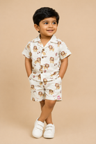 Two-piece boys clothing set with printed shirt and matching shorts for children