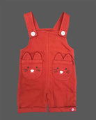 Infant boy wearing soft cotton dungaree shorts set with character face pockets and short sleeve tee.