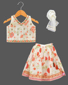 Mirror-embroidered half saree for kids set featuring V-neck choli, printed skirt, and sheer dupatta