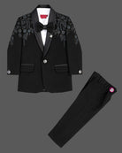 Boys black embroidered formal tuxedo suit set with blazer coat white shirt bow tie and pant for wedding party
