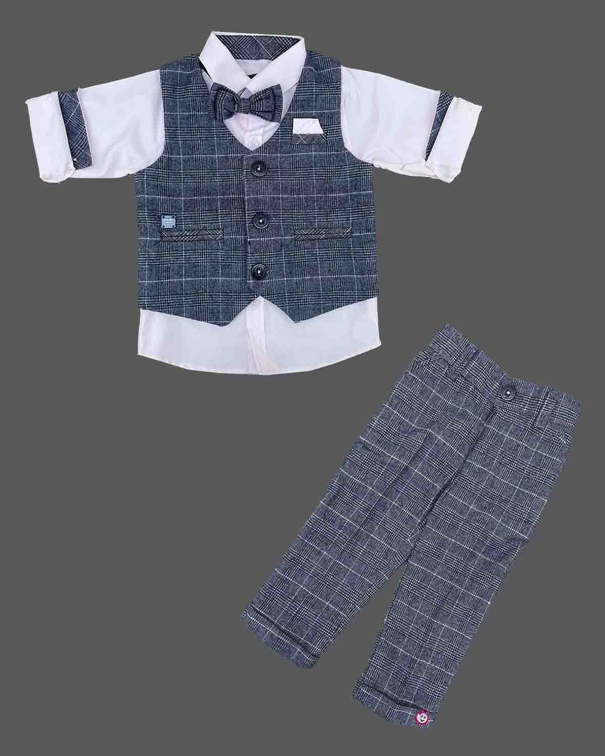 Toddler indo western dress for boys featuring a check waistcoat, crisp shirt, and matching pant