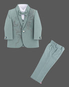 Boys embroidered formal suit set with rhinestone beadwork blazer vest and matching pant.