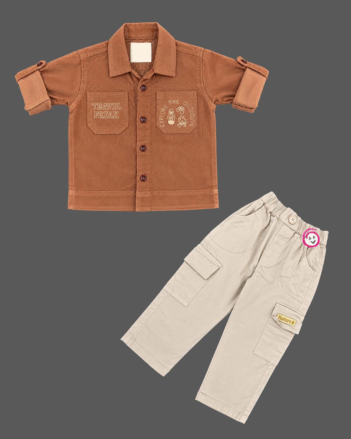 Toddler boy co-ord set featuring button-down corduroy shirt and utility cargo pants