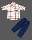 Grid plaid collared shirt with roll tab sleeves paired with utility cargo pants for boys shirt and pant set.
