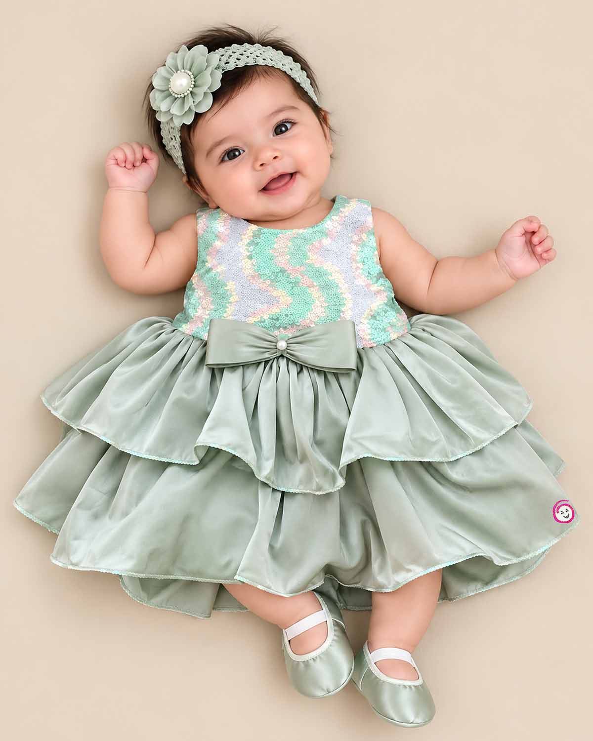 Little girl's party wear frock featuring a pastel green, pink, and white sequined sleeveless bodice and a tiered sage green satin skirt with a central bow on a wooden hanger against a grey background.