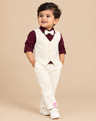 Boys waistcoat suit set with formal lapel vest, roll-up sleeve dress shirt, bow tie, and pant.