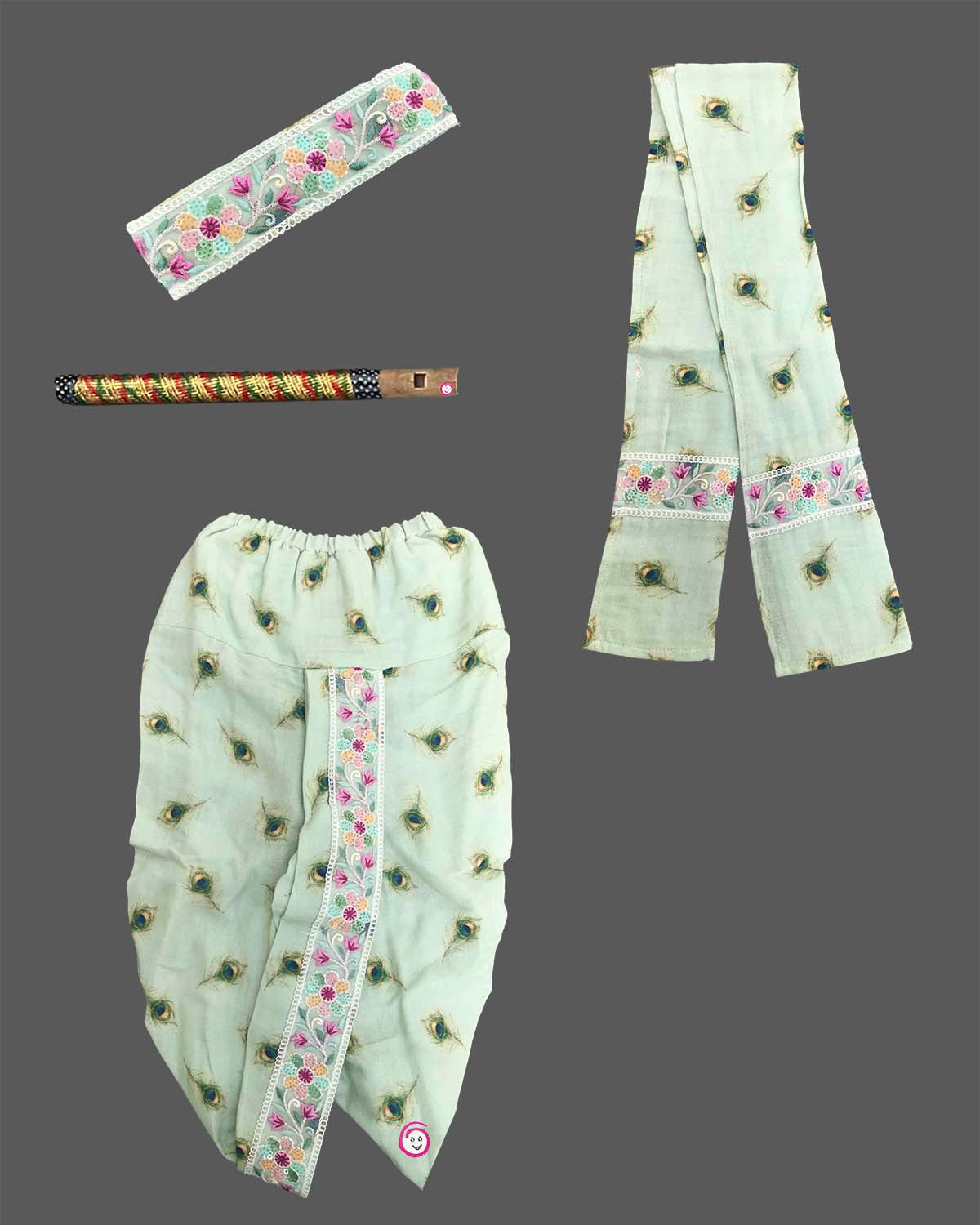 Young prince peacock feather printed Krishna outfit set with dhoti stole headband and flute for Gokulashtami