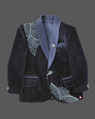 Boys embellished velvet tuxedo blazer coat suit set with tie and trousers for birthday parties and evening receptions.
